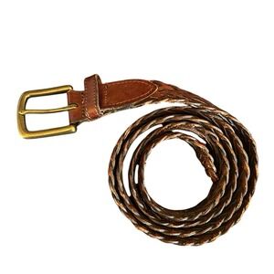 LL Bean Braided Leather Brown Belt 38 Waist 1.25" W Brass Finish Buckle Preppy